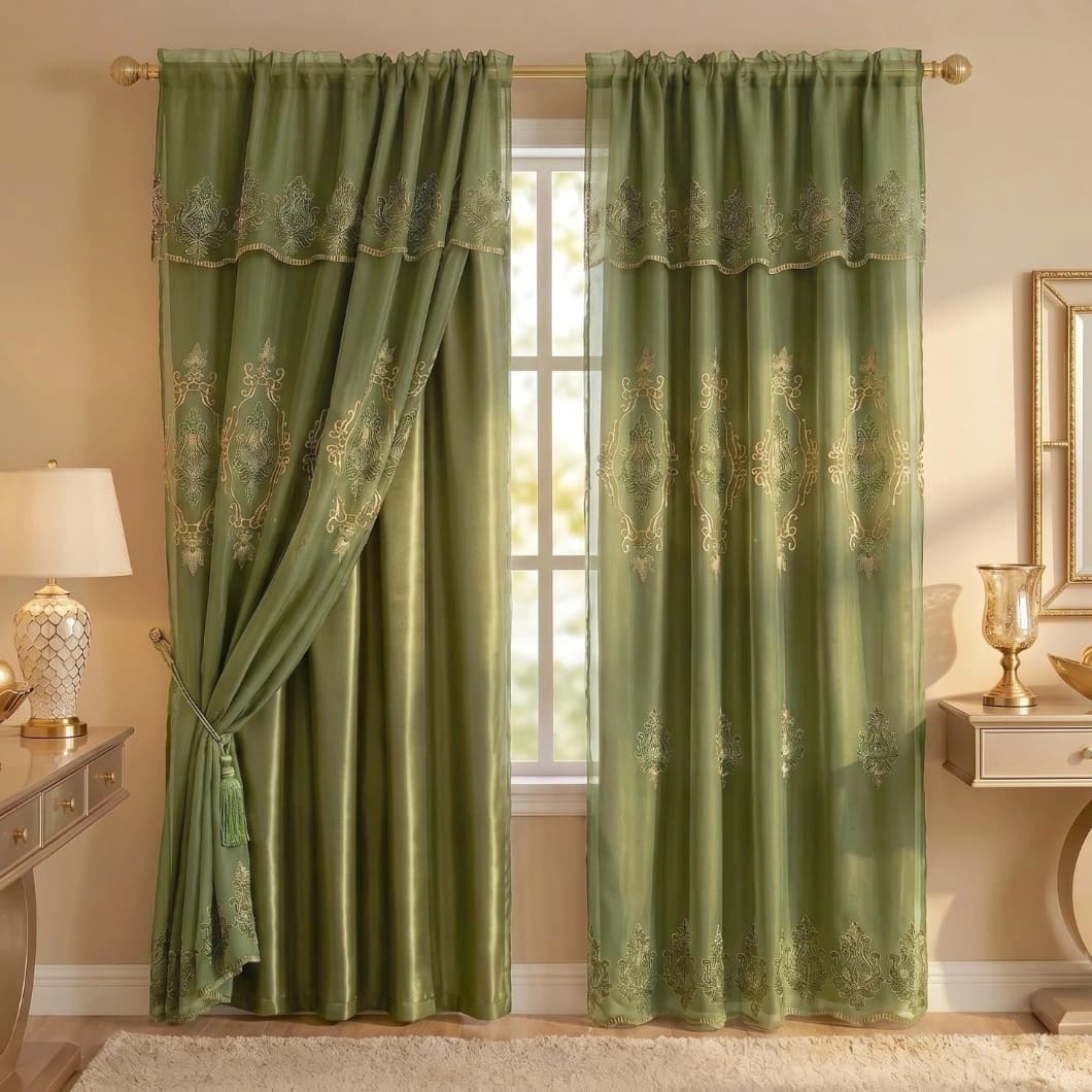Embroidery Doli Sheer Rod Pocket Curtains 52x84 Sage (4 Panels)
