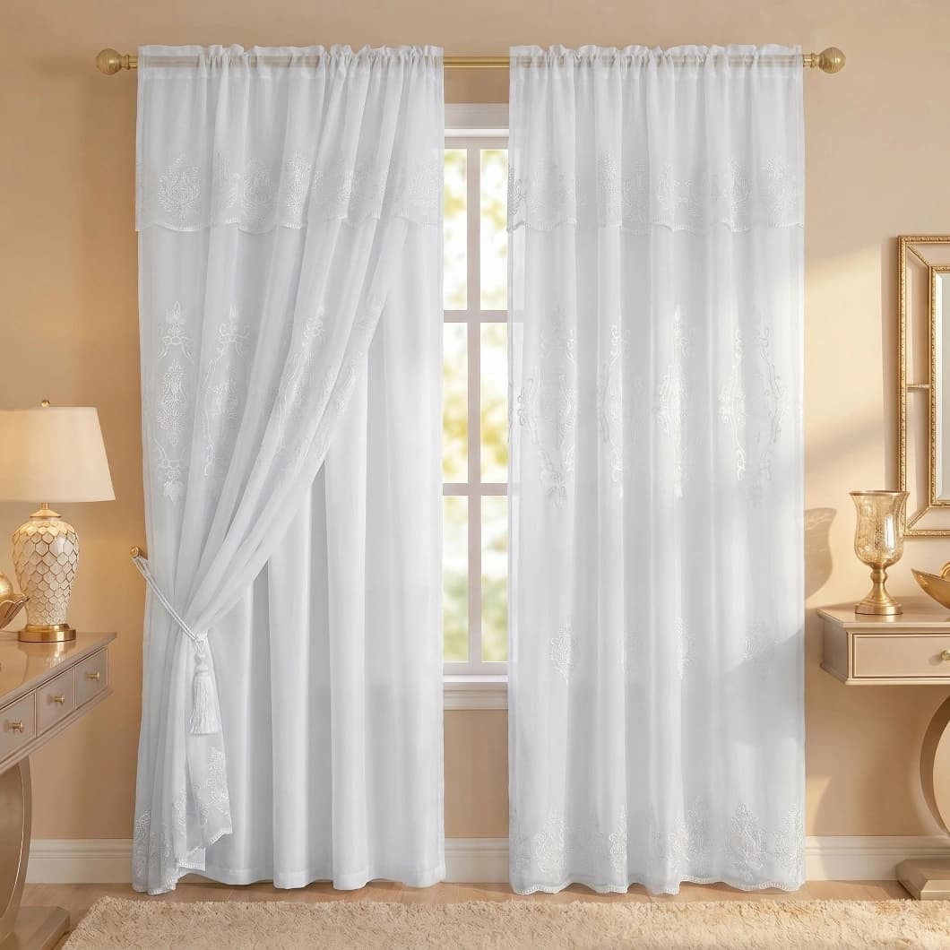 Embroidery Doli Sheer Rod Pocket Curtains 52x84 White (4 Panels)