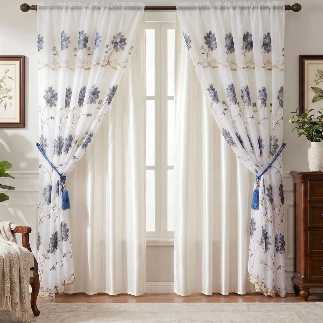 Embroidery Doli Sheer Rod Pocket Decorative Curtains 52x84 Inch Navy Blue 4 Panels