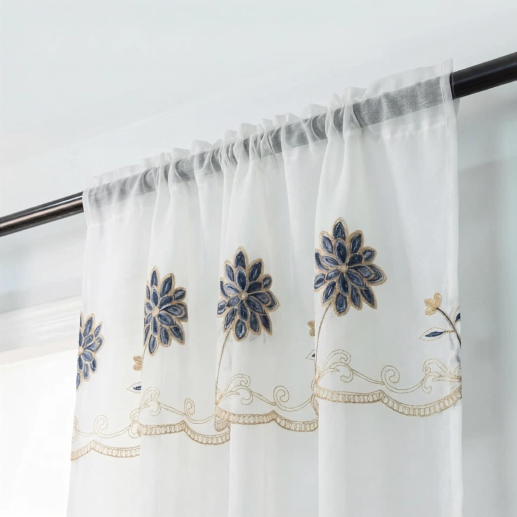 Embroidery Doli Sheer Rod Pocket Decorative Curtains 52x84 Inch Navy Blue 4 Panels