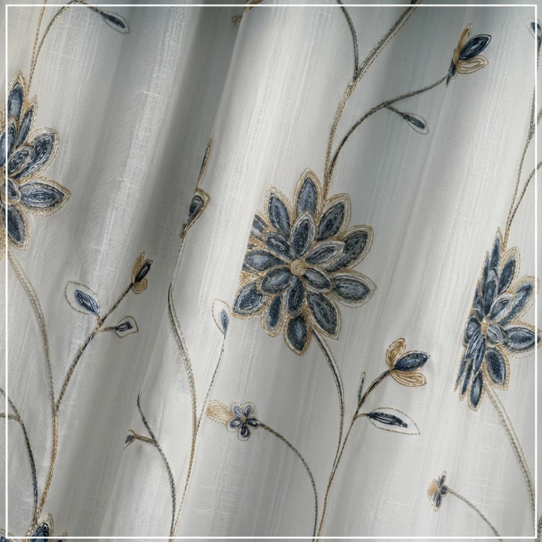 Embroidery Doli Sheer Rod Pocket Decorative Curtains 52x84 Inch Navy Blue 4 Panels