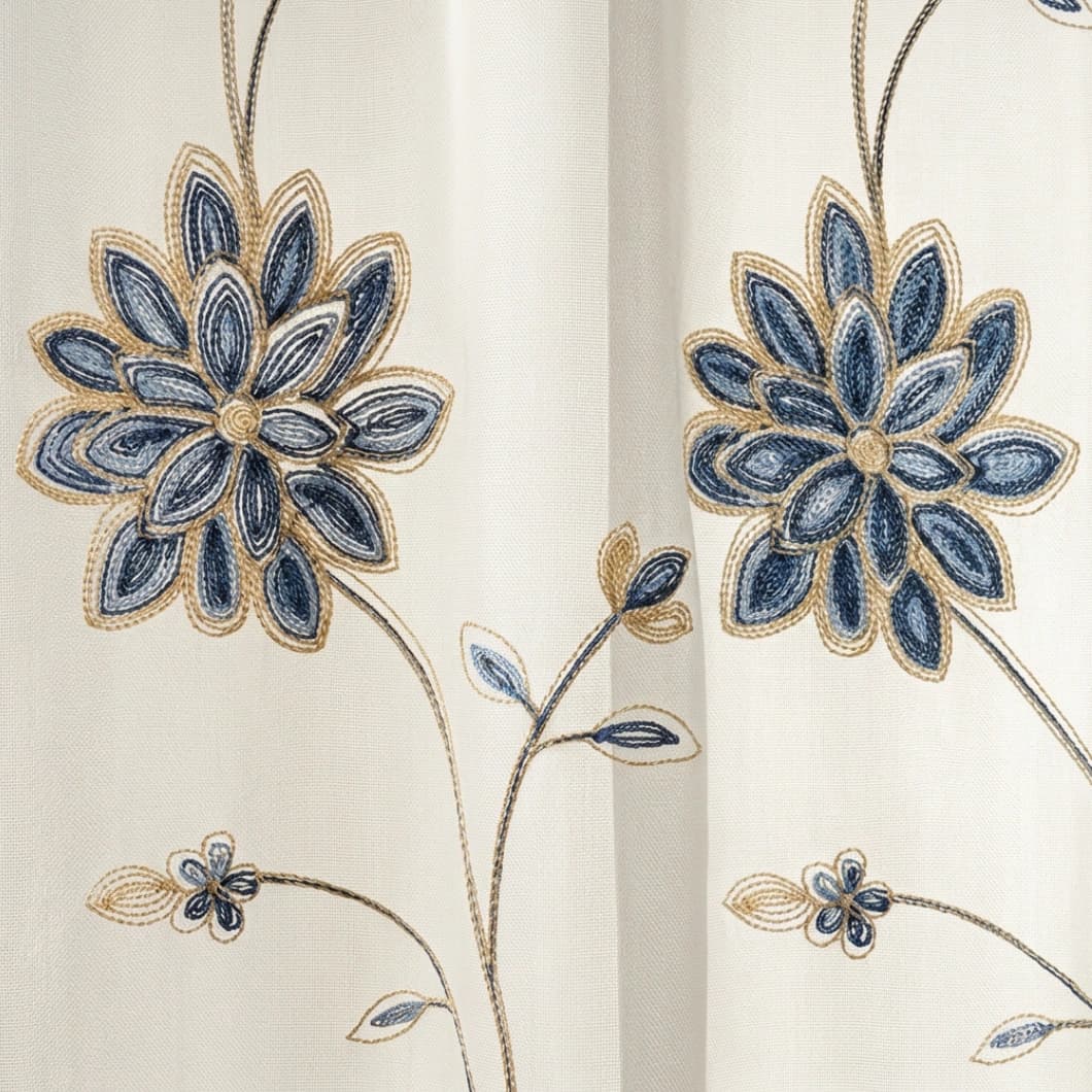 Embroidery Doli Sheer Rod Pocket Decorative Curtains 52x84 Inch Navy Blue 4 Panels