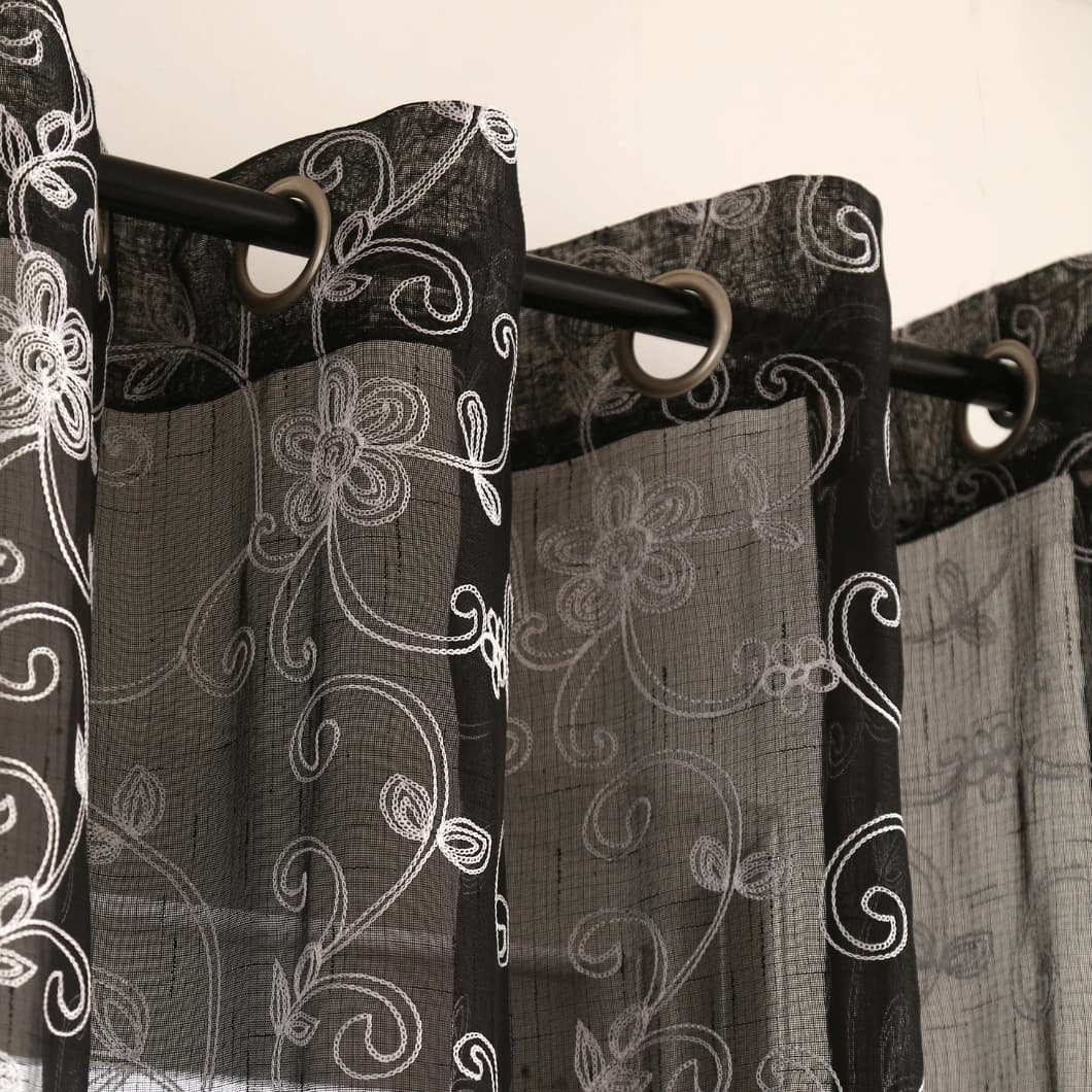 Elegant Embroidery Faux Linen Grommet Curtains 52x90 Black (4 Panels)