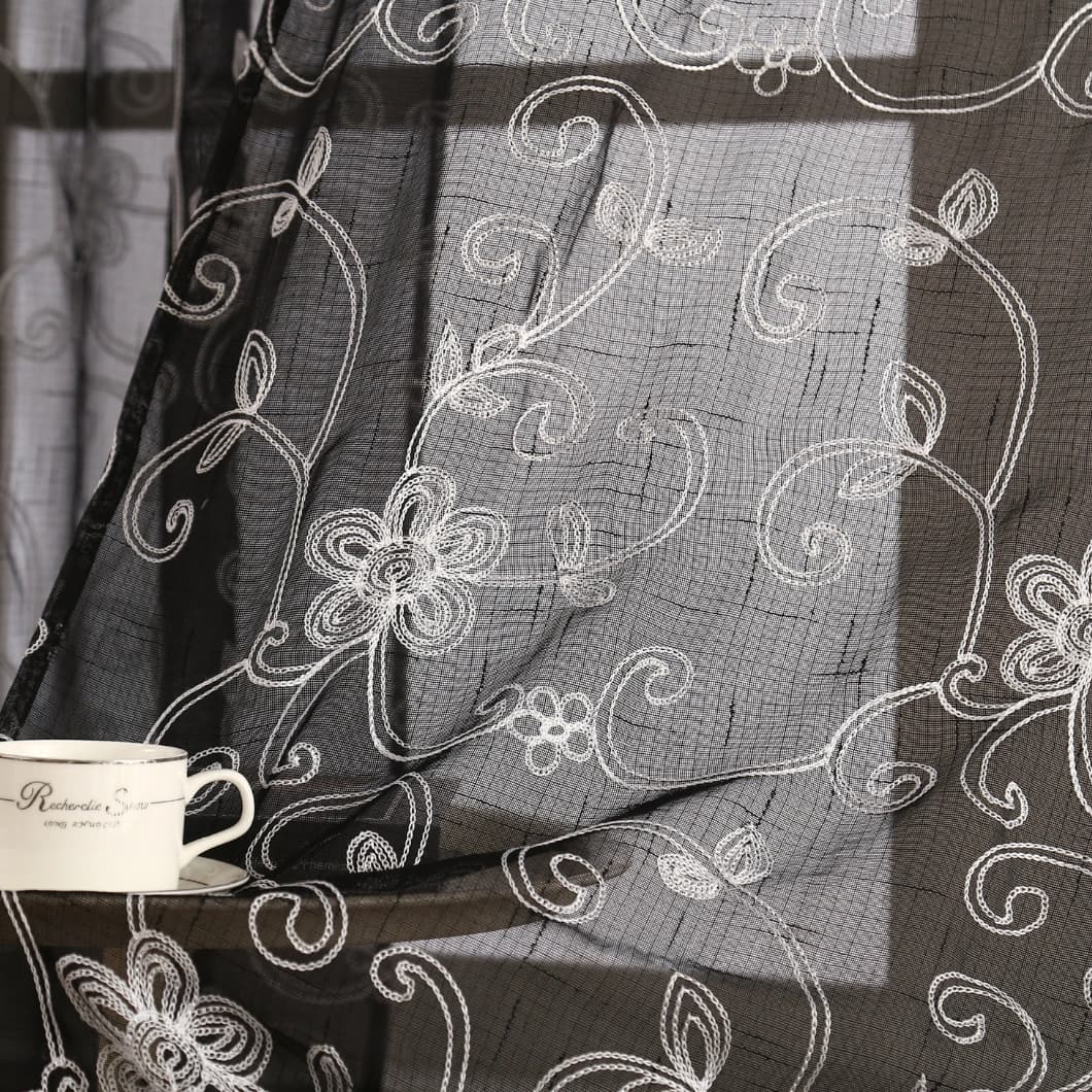 Elegant Embroidery Faux Linen Grommet Curtains 52x90 Black (4 Panels)