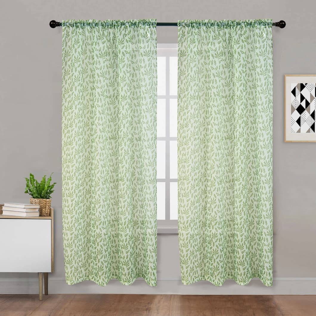 Teflon Printed Sheer Curtains 52x84 Rod Pocket Green (4 Panels)