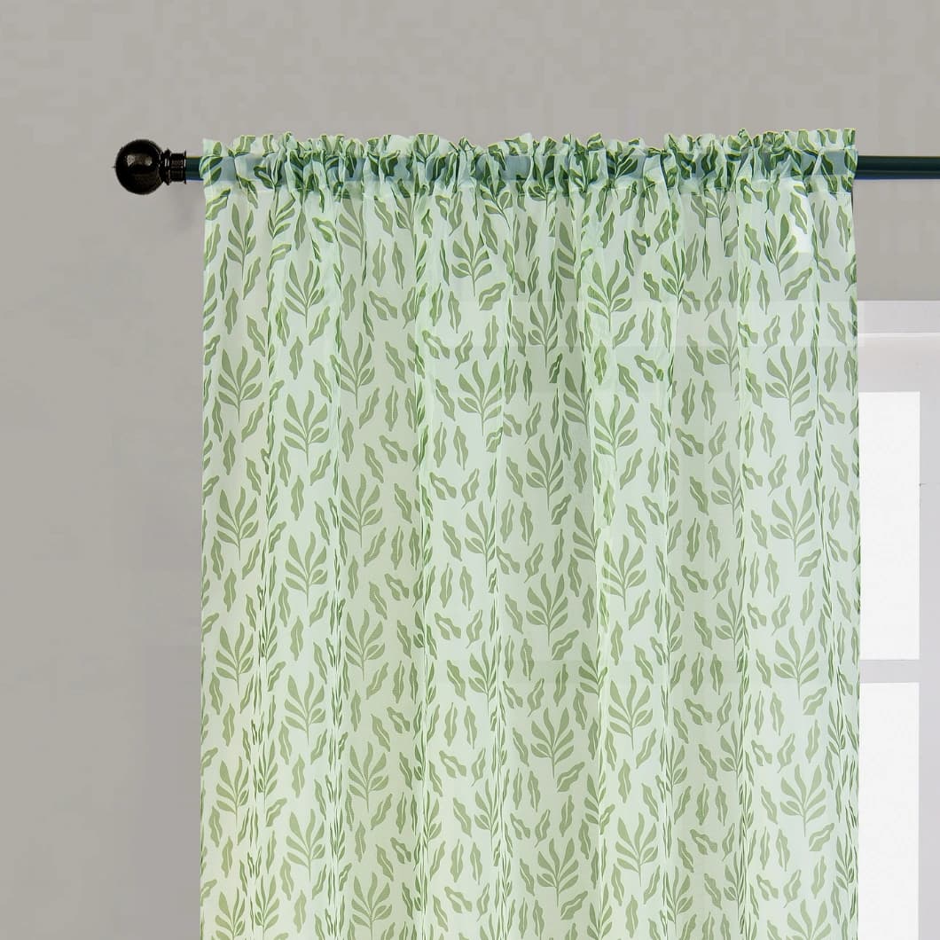 Teflon Printed Sheer Curtains 52x84 Rod Pocket Green (4 Panels)