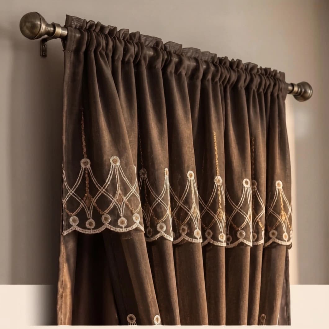 Embroidery Decorative Rod Pocket Semi Sheer Curtains 52x84 Inch Brown 4 Panels
