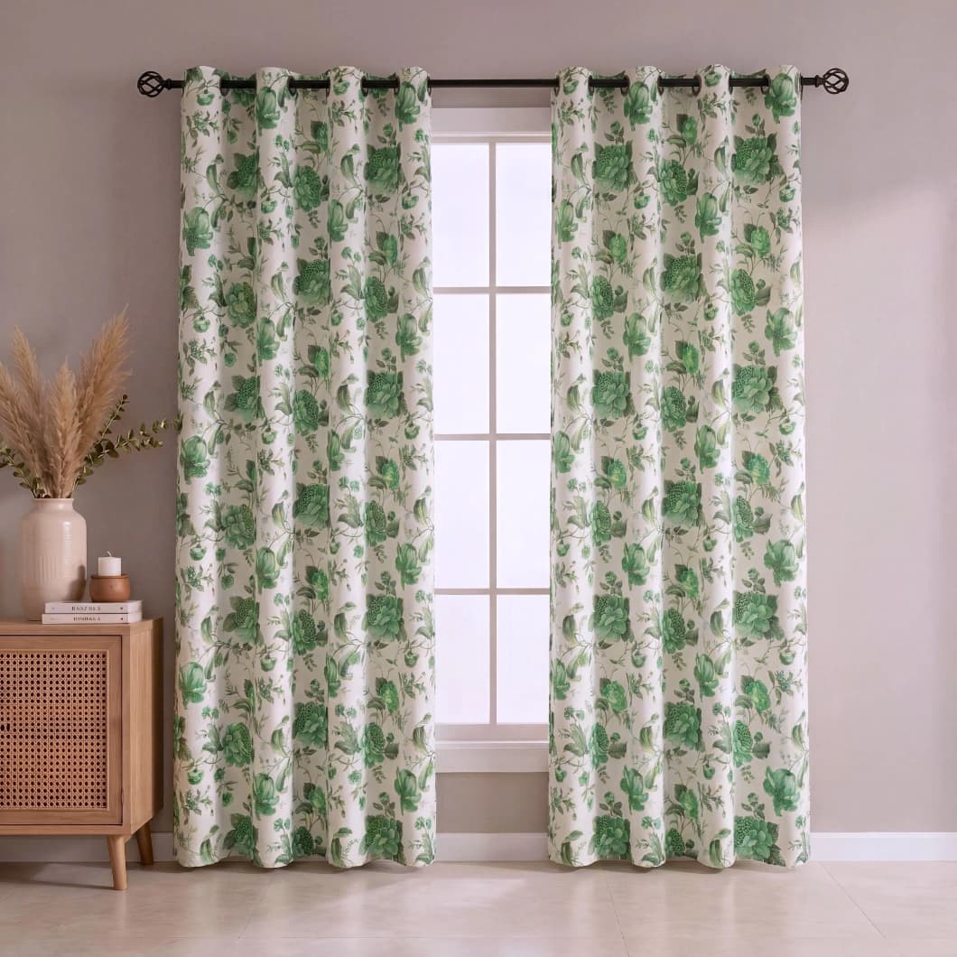 Floral Metallic Printed Full Blackout Grommet Curtains 54x84 Inch – Sage (1 Pair)