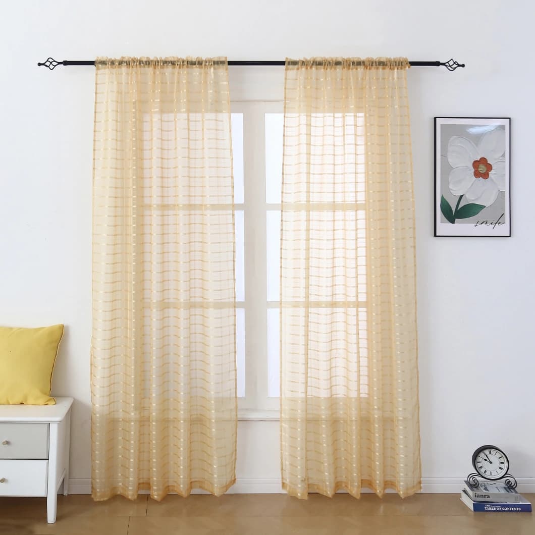 Plaid Voile Sheer Rod Pocket Curtains 52x84 Gold (4 Panels)