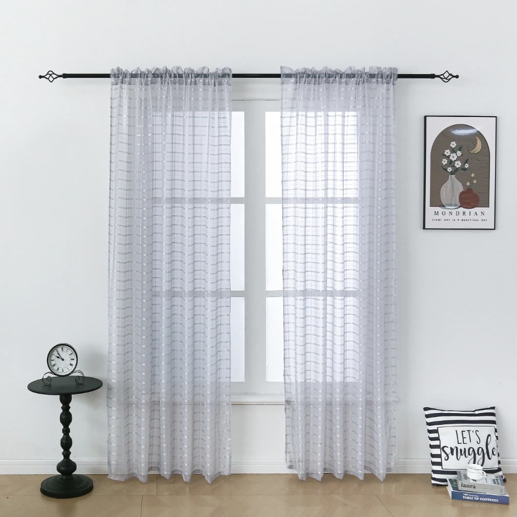 Plaid Voile Sheer Rod Pocket Curtains 52x84 Silver (4 Panels)