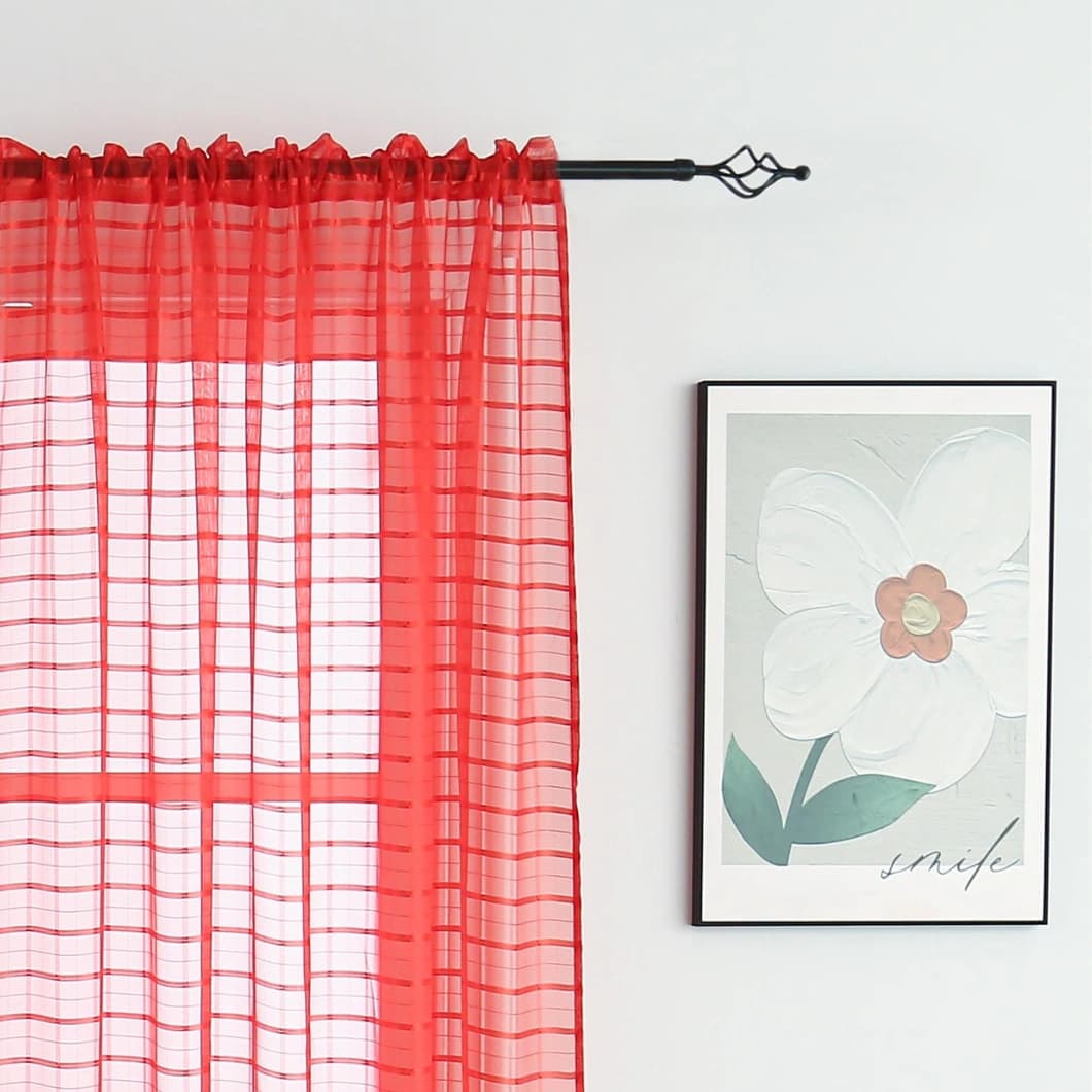 Plaid Voile Rod Pocket Sheer Curtains 52x84 Red (4 Panels)