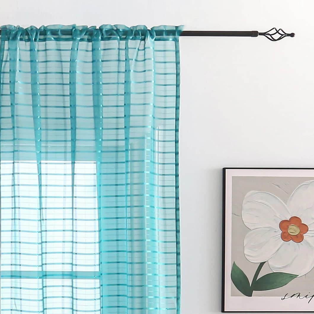 Plaid Voile Rod Pocket Sheer Curtains 52x84 Teal (4 Panels)