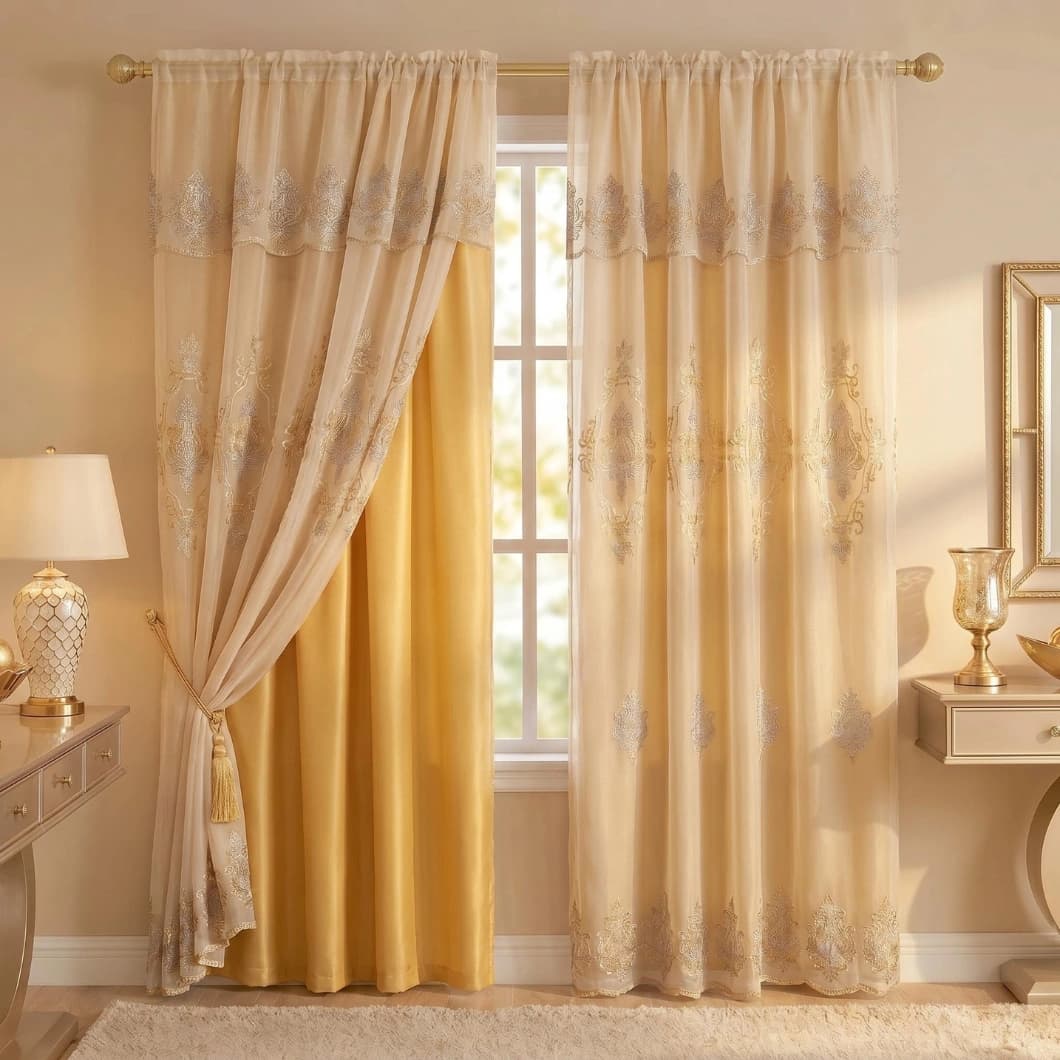 Embroidery Doli Sheer Rod Pocket Curtains 52x84 GOLD 4 Panels