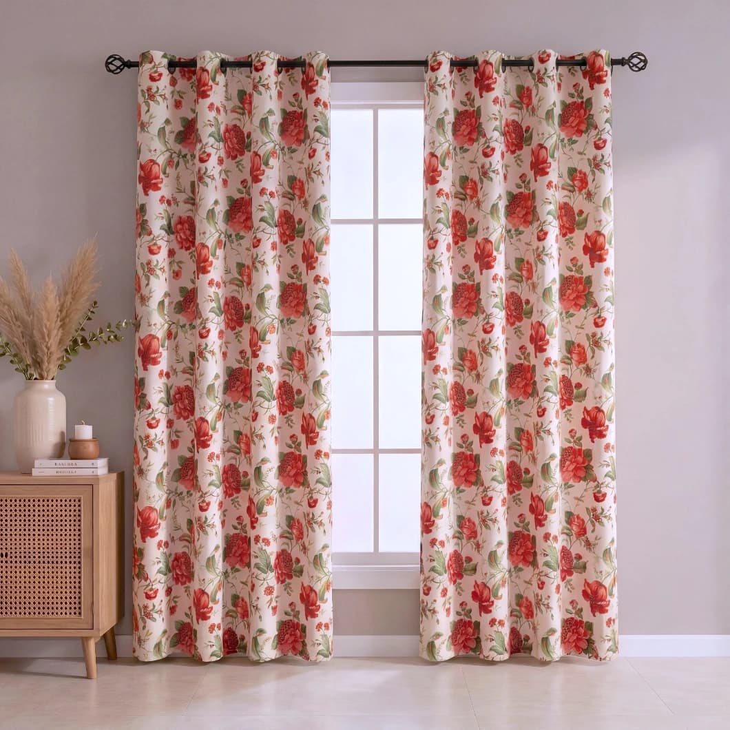 Floral Metallic Printed Full Blackout Grommet Curtains 54x84 Inch – Red (1 Pair)