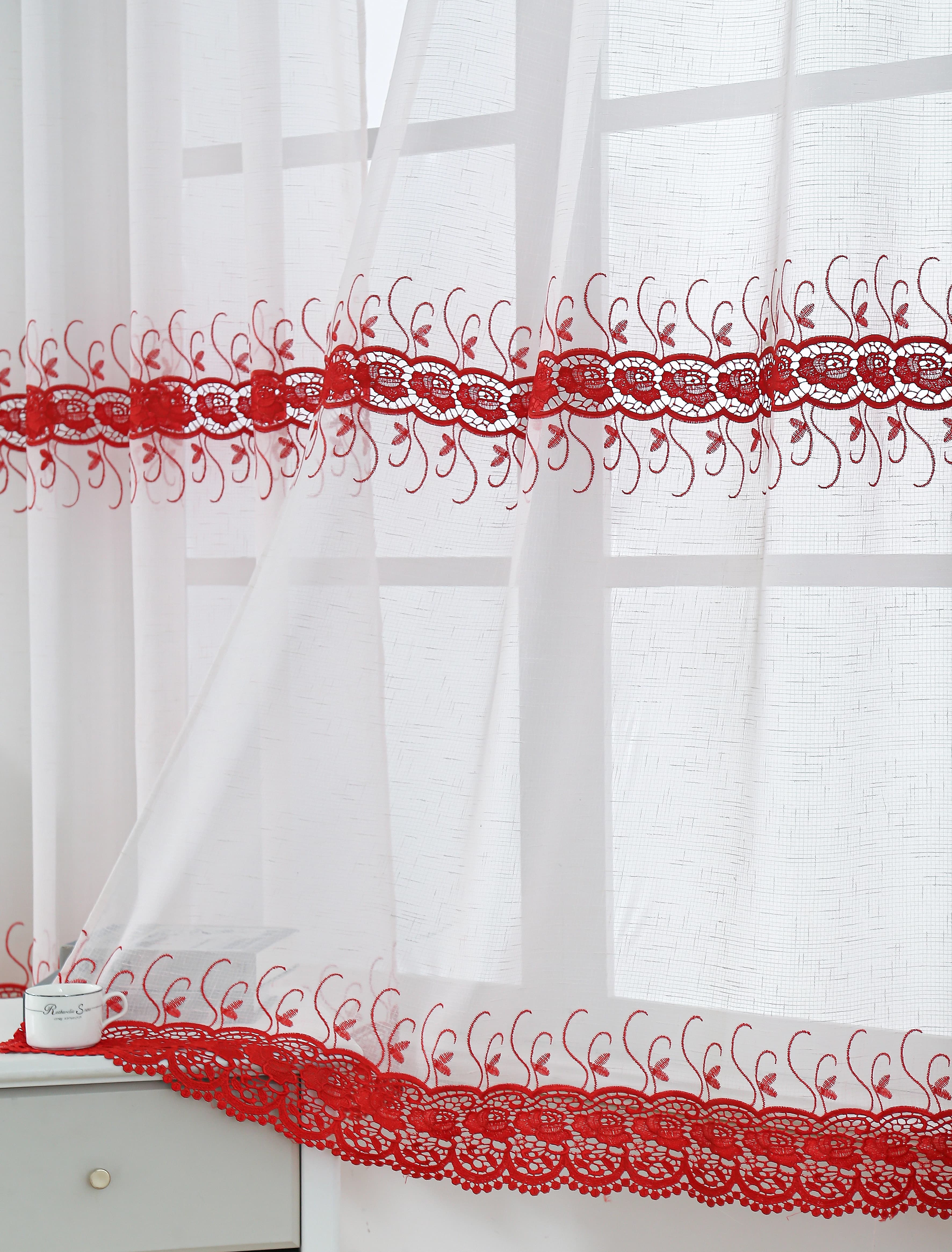 Macrame Embroidery Bohemian Faux Linen Kitchen Curtains 52x60 Grommet Red (1 pair)
