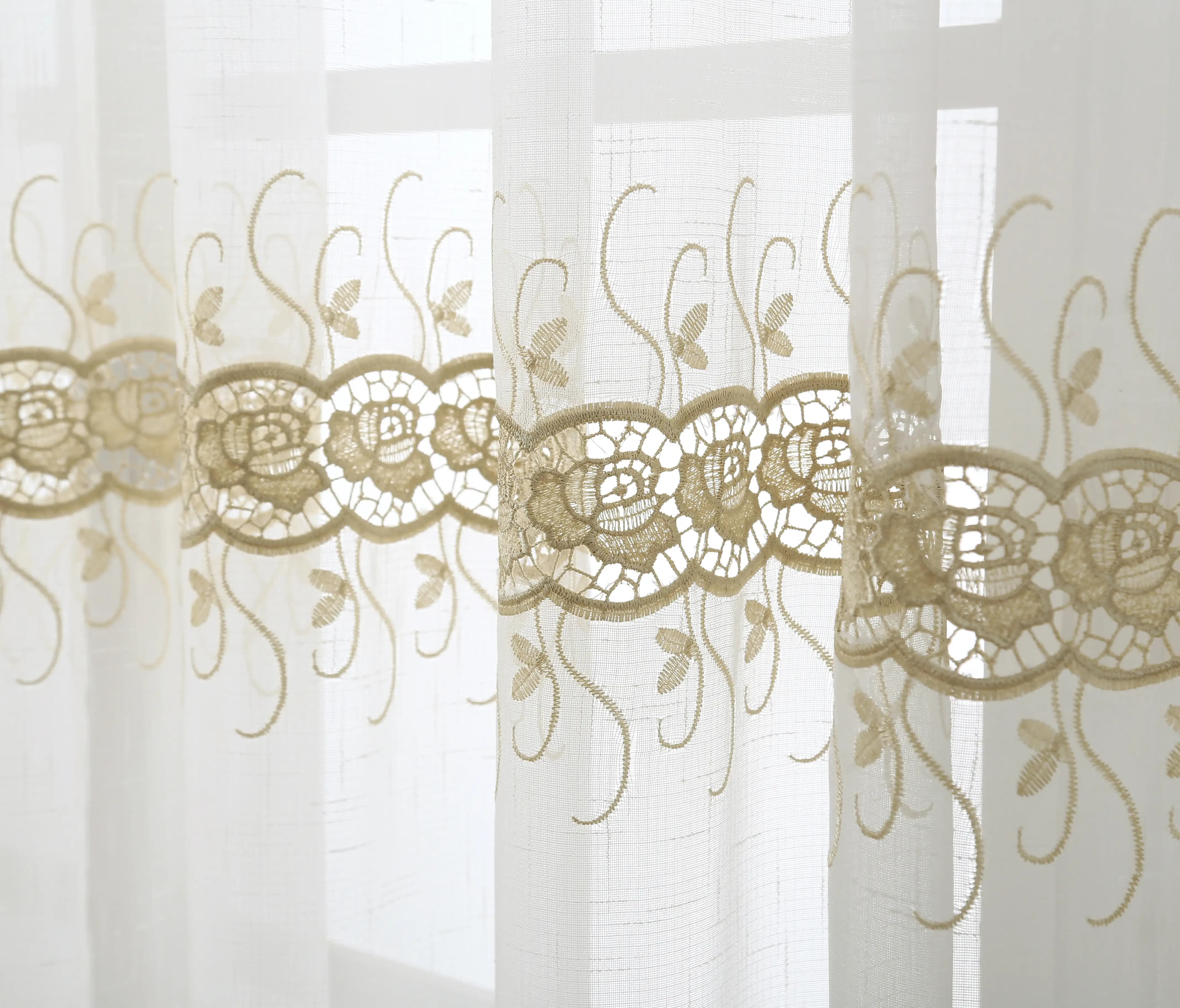 Macrame Embroidery Bohemian Faux Linen Kitchen Curtains 52x60 Grommet Gold (1 pair)