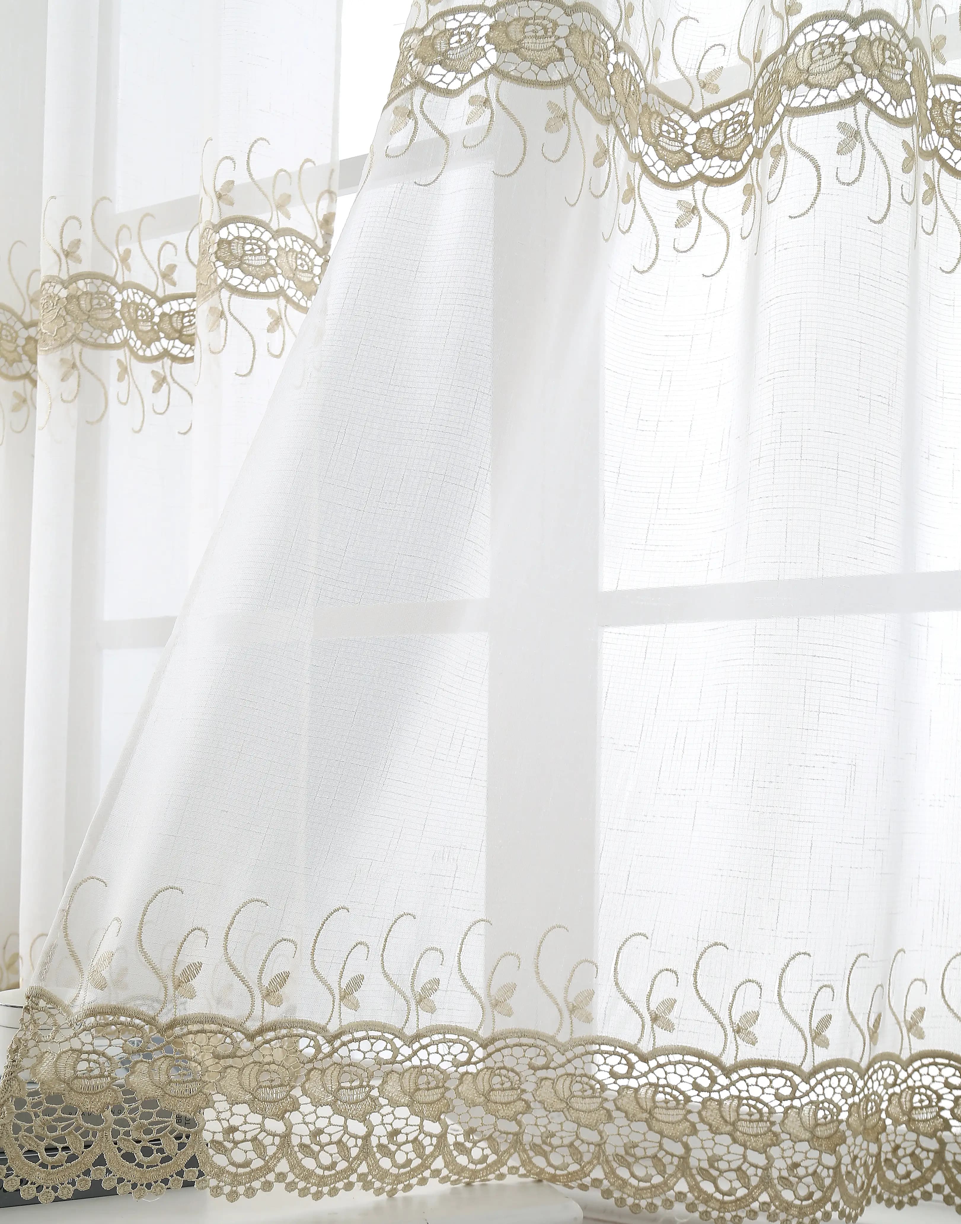 Macrame Embroidery Bohemian Faux Linen Kitchen Curtains 52x60 Grommet Gold (1 pair)