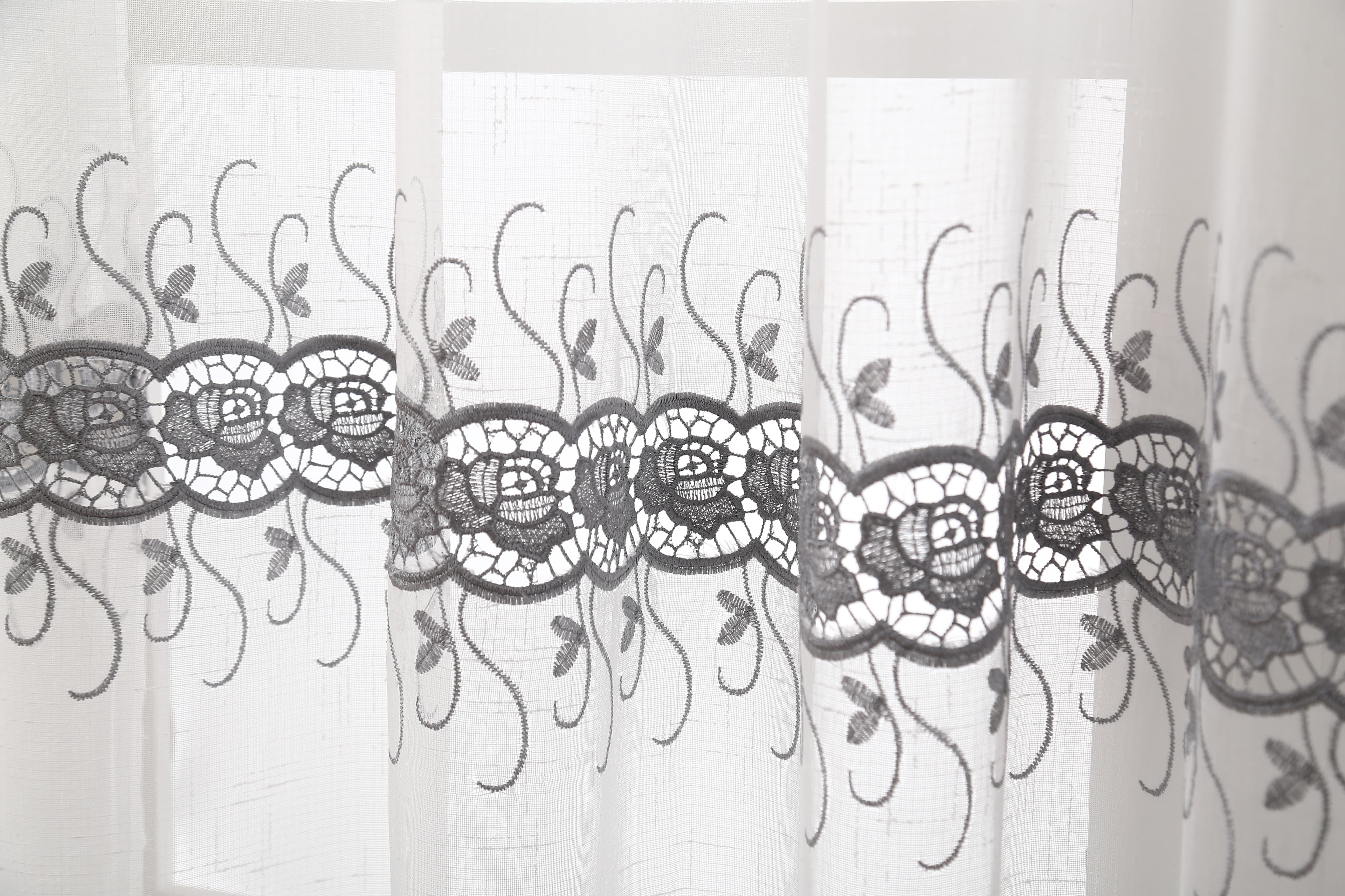 Macrame Embroidery Bohemian Faux Linen Kitchen Curtains 52x60 Grommet Silver (1 pair)