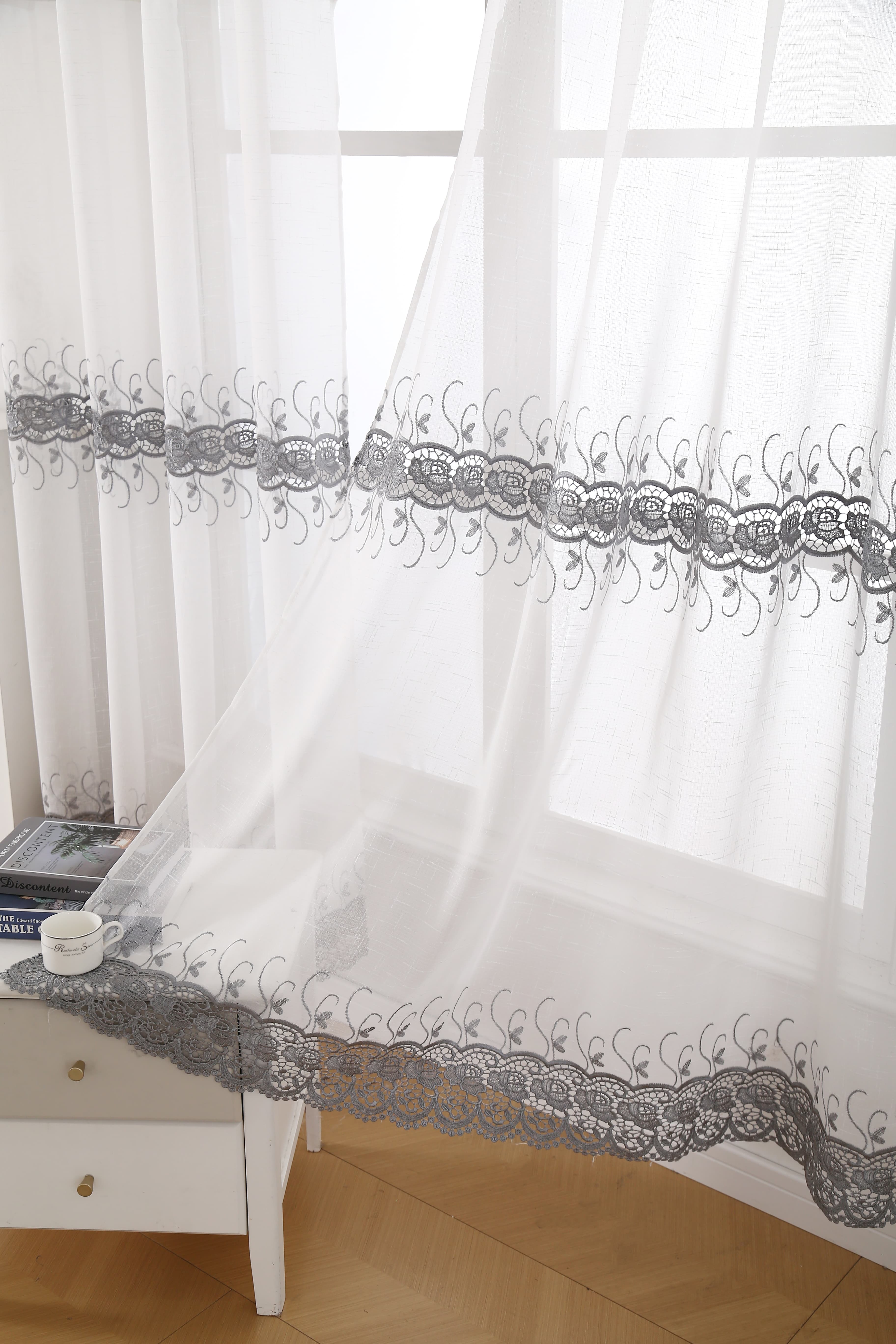 Macrame Embroidery Bohemian Faux Linen Kitchen Curtains 52x60 Grommet Silver (1 pair)