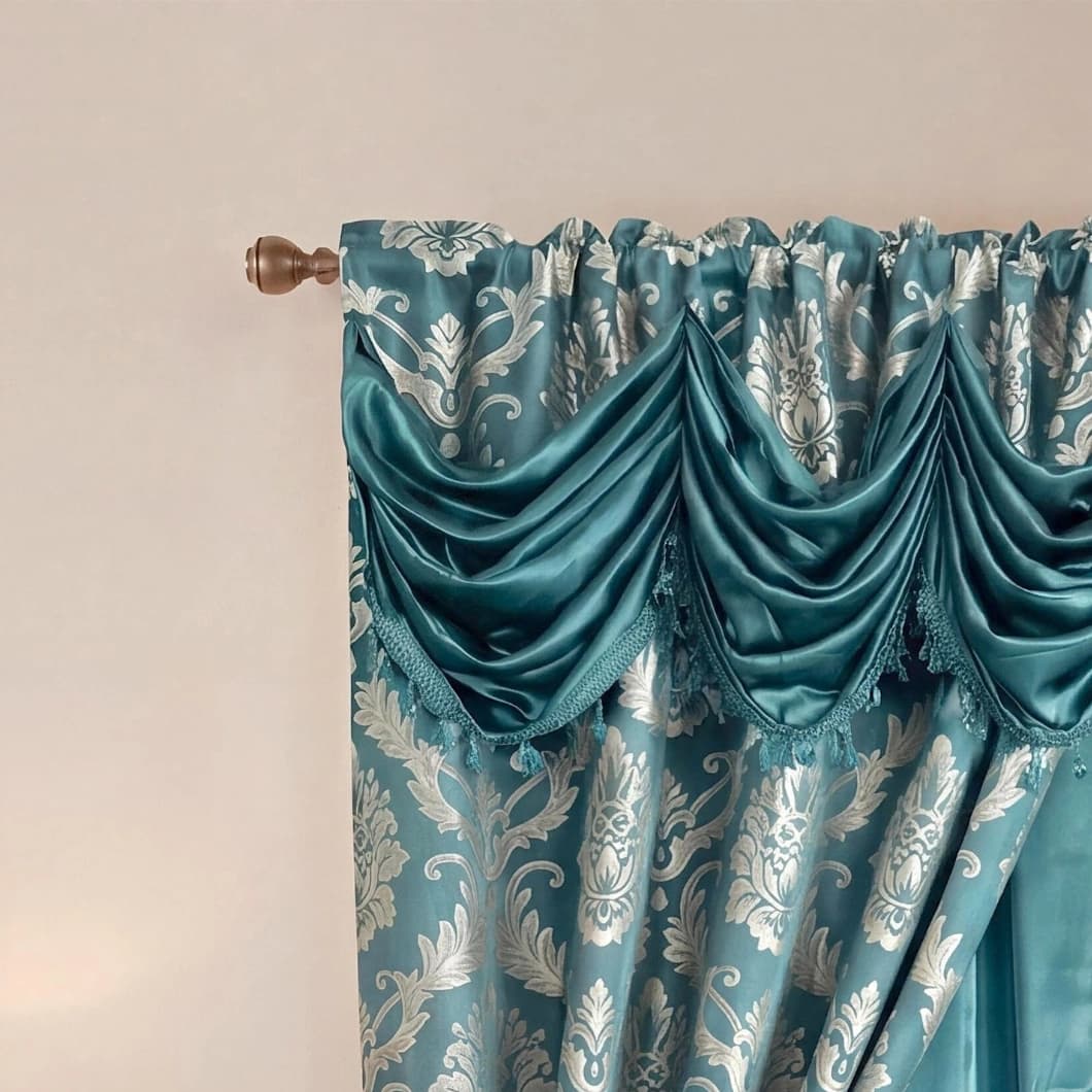 Double Layer Jacquard Blackout Curtains with Waterfall Valance 52x63 Inch – Turquoise (1 Pair)