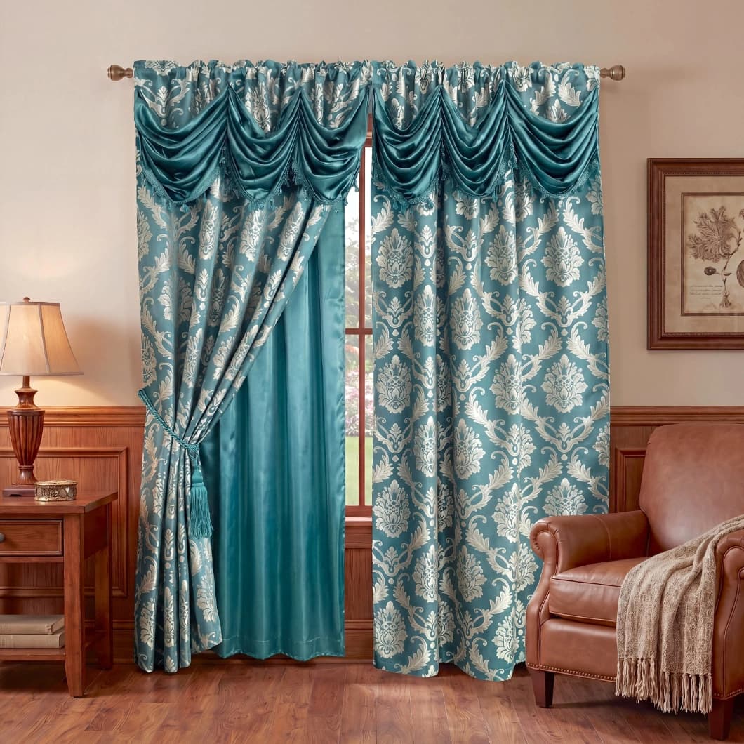 Double Layer Jacquard Blackout Curtains with Waterfall Valance 52x95 Inch – Turquoise (1 Pair)